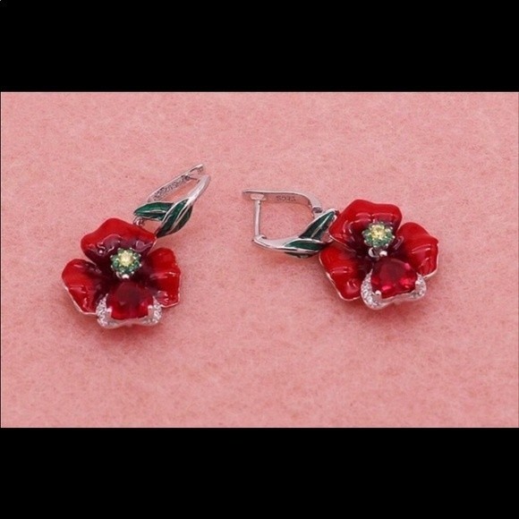 Floral Enamel Pendant Necklace set Red Zircon Silver Chain Dangle Earrings - Picture 5 of 11